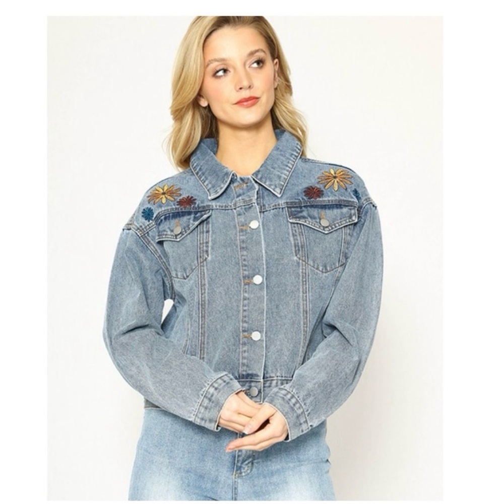 Miss Sparkling Blue Denim Jacket with Floral Embroidery - Picture 2 of 6